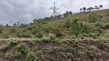 Himalaya dağlarının yeşil yamaçları ve bulutlu gökyüzü
