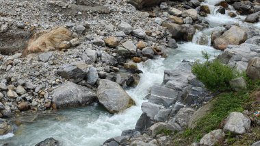 Kedarnath, Uttarakhand, Hindistan - 3584 metre yükseklikte Mandakini nehri kıyısındaki Lord Shiva 'ya adanmış Kedarnath Tapınağı' nın ünlü hac alanına doğru yol alan insanlar