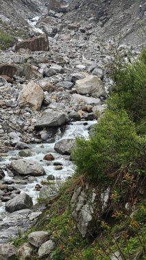 Kedarnath, Uttarakhand, Hindistan - 3584 metre yükseklikte Mandakini nehri kıyısındaki Lord Shiva 'ya adanmış Kedarnath Tapınağı' nın ünlü hac alanına doğru yol alan insanlar