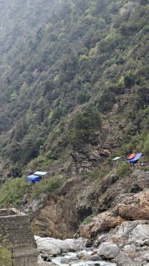 Dükkanları olan sisli dağların güzel manzarası, Kedarnath Tapınağı Yolu 'ndaki Shiva fanatikleri için oteller.