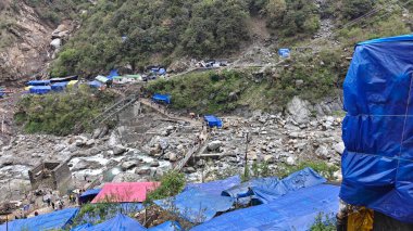 Güzel manzaralı sisli dağlar, dükkanlar, oteller ve Kedarnath Tapınağı Yolu 'na giden Shiva hayranları.