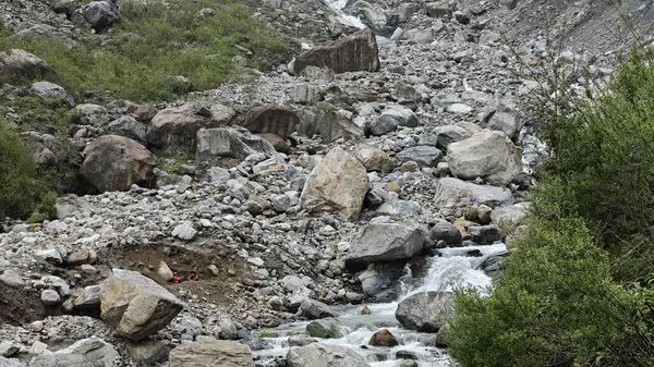 Kedarnath, Uttarakhand, Hindistan - 3584 metre yükseklikte Mandakini nehri kıyısındaki Lord Shiva 'ya adanmış Kedarnath Tapınağı' nın ünlü hac alanına doğru yol alan insanlar