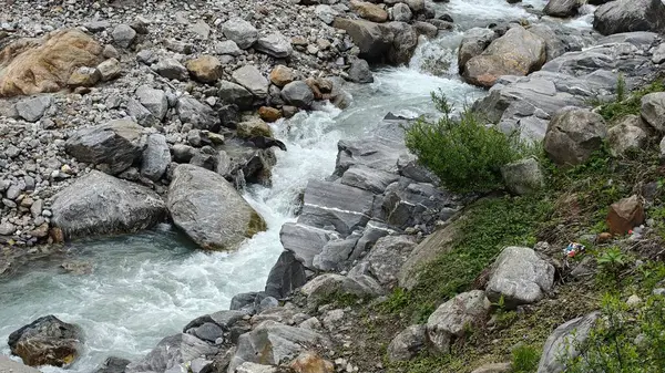 Kedarnath, Uttarakhand, Hindistan - 3584 metre yükseklikte Mandakini nehri kıyısındaki Lord Shiva 'ya adanmış Kedarnath Tapınağı' nın ünlü hac alanına doğru yol alan insanlar