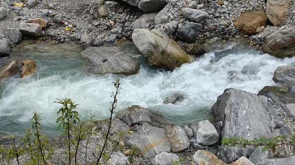 Kedarnath, Uttarakhand, Hindistan - 3584 metre yükseklikte Mandakini nehri kıyısındaki Lord Shiva 'ya adanmış Kedarnath Tapınağı' nın ünlü hac alanına doğru yol alan insanlar