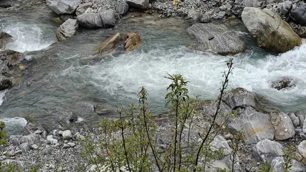 Kedarnath, Uttarakhand, Hindistan - 3584 metre yükseklikte Mandakini nehri kıyısındaki Lord Shiva 'ya adanmış Kedarnath Tapınağı' nın ünlü hac alanına doğru yol alan insanlar