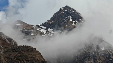 Yeşil çayırların güzel manzarası, Himalaya karlı dağları Kedarnath Tapınağı yolunda mavi gökyüzü