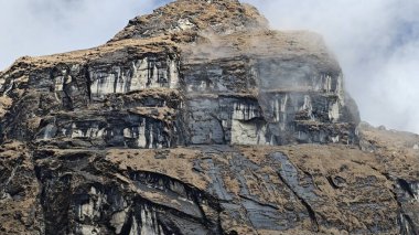 Yeşil çayırların güzel manzarası, Himalaya karlı dağları Kedarnath Tapınağı yolunda mavi gökyüzü