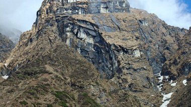 Yeşil çayırların güzel manzarası, Himalaya karlı dağları Kedarnath Tapınağı yolunda mavi gökyüzü