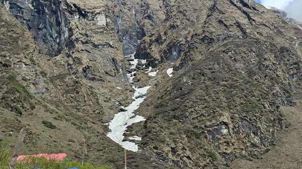 Yeşil çayırların güzel manzarası, Himalaya karlı dağları Kedarnath Tapınağı yolunda mavi gökyüzü