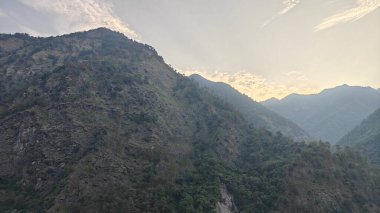 Himalaya dağlarında gün batımında yeşil ağaçlar yetişiyor.