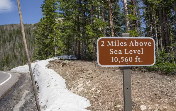 Two Miles High in Colorado:  Above 10,000 feet some snow still remains in June along a Colorado mountain road, but there is far less than the winter levels anticipated by a roadside marker pole.