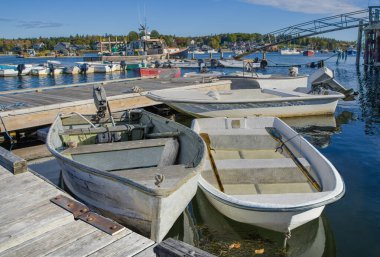 Yüzen Rıhtımdaki Küçük Tekneler: Acadia Ulusal Parkı yakınlarındaki bir dizi yüzen rıhtımda küçük balıkçı tekneleri bağlandı.