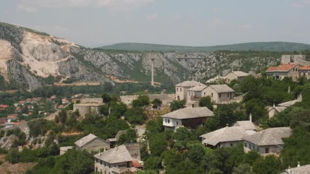 Historic Ottoman Village Pocitelj Hills Bosnia Herzegovina Aerial Pan Imágenes — Vídeos de Stock
