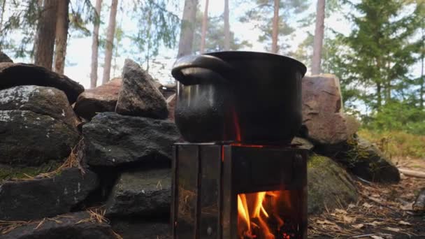 Cozinhar Sobre Madeira Fogão Lenha Livre Para Camping Selvagem Close — Vídeo de Stock