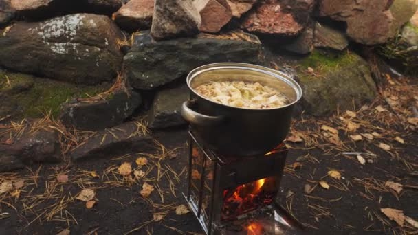 Portatif Kamp Odun Sobasıyla Yemek Pişirmek Dolly Geri Çekmek Yüksek — Stok video
