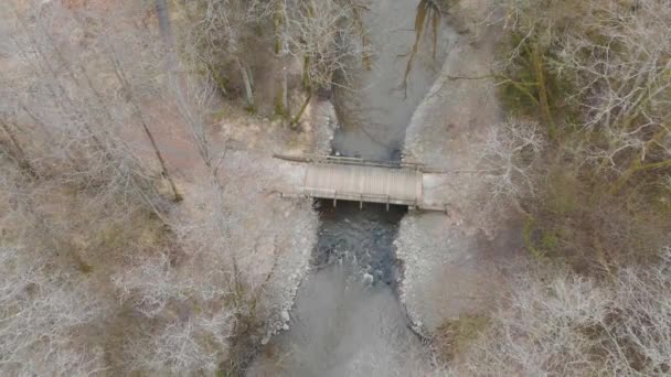 Wooden Bridge River Water Stream Forest Leaves Winter Day Aerial — Stockvideo