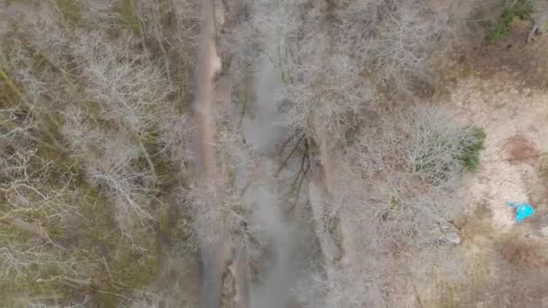 Water Stream Leafless Deciduous Forest Winter Aerial Top Backwards Inglés — Vídeo de stock