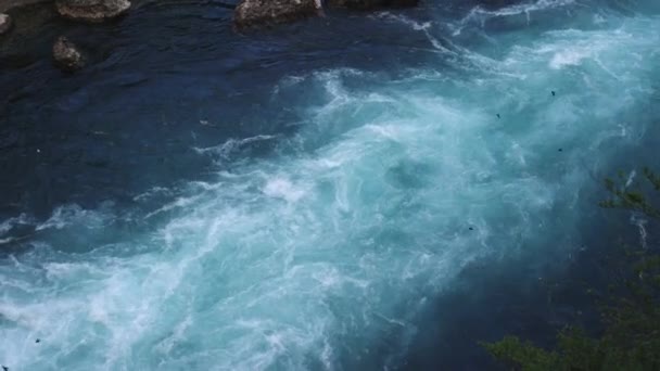 Fast Flowing Turquoise River Birds Flying Slow Motion Aerial Top — Stock videók