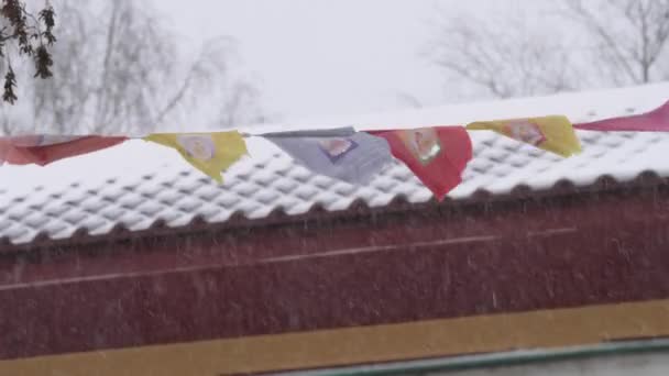 Буддистские Флаги Ждущие Снегопад Фоне Крыши Закрываются Высококачественные Кадры — стоковое видео