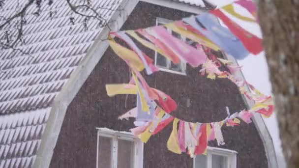 Buddhist Praying Flags Waving Snowfall Slow Motion High Quality Footage — Video Stock
