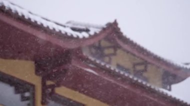 Buddhist Temple Roof and Snowfall, Close Up. High quality 4k footage