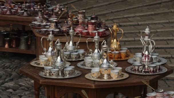 Bazar Tureckie Zestawy Kawy Pamiątkowa Scena Handlowa Zbliżenie Wysokiej Jakości — Wideo stockowe