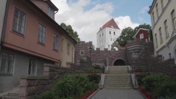 Heliga Kors Church Landmark Ronneby Blekinge Zweden Establishing Shot Hoge — Stockvideo