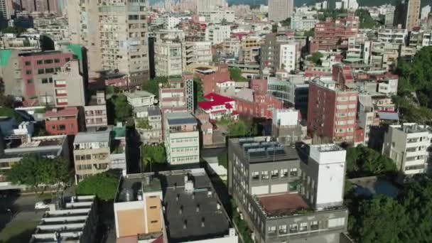 Tamsui Presbyterian Church Cityscape Taipei Aerial Establishing Shot Imágenes Alta — Vídeo de stock