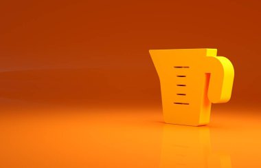 Turuncu arka planda izole edilmiş kuru ve sıvı yiyecek ikonunu ölçmek için sarı ölçü kabı. Plastik şişenin sapı var. Minimalizm kavramı. 3d illüstrasyon 3B canlandırma .