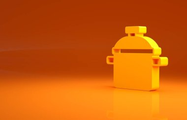 Turuncu arka planda izole edilmiş sarı tencere ikonu. Haşlama ya da güveç besin sembolü. Minimalizm kavramı. 3d illüstrasyon 3B canlandırma .