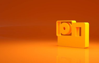 Sarı Eylem uç kamera simgesi turuncu arkaplanda izole edildi. Ekstrem sporları çekmek için video kamera ekipmanı. Minimalizm kavramı. 3d illüstrasyon 3B canlandırma .