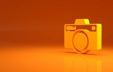 Sarı fotoğraf makinesi simgesi turuncu arkaplanda izole edildi. Fotoğraf makinesi simgesi. Minimalizm kavramı. 3d illüstrasyon 3B canlandırma .