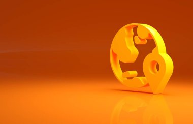 Turuncu arka planda izole edilmiş dünya ikonunun sarı konumu. Dünya ya da Dünya işareti. Minimalizm kavramı. 3d illüstrasyon 3d canlandırma .
