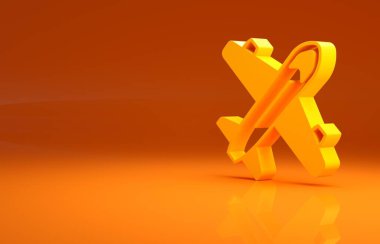 Sarı düzlem simgesi turuncu arkaplanda izole edildi. Uçan uçak ikonu. Uçak tabelası. Minimalizm kavramı. 3d illüstrasyon 3B canlandırma .