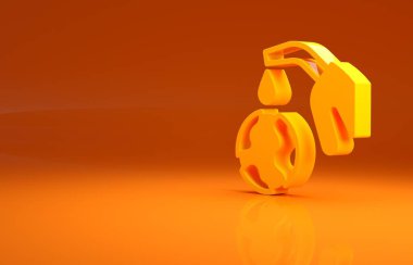 Sarı yakıt hortumu turuncu arka planda izole edilmiş Dünya ikonundan yağ ya da benzin pompalıyor. Ekolojik kavram. Minimalizm kavramı. 3d illüstrasyon 3B canlandırma .