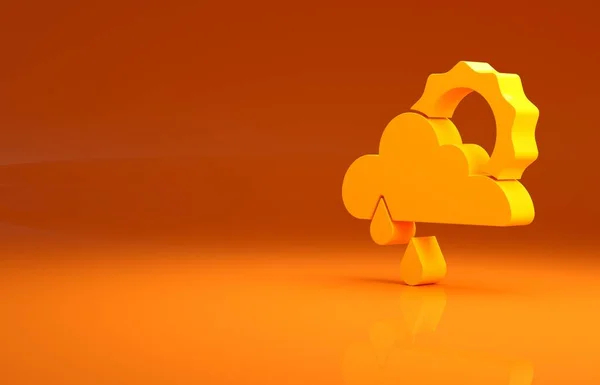 オレンジ色の背景に雨と太陽のアイコンが隔離された黄色の雲 雨滴と雨の雲の降水量 最小限の概念 3Dイラスト3Dレンダリング — ストック写真