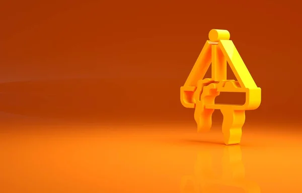 オレンジの背景に隔離されたハンギングポットアイコンの黄色の植物 花の鍋のための装飾的なマクラメ手作りハンガー 室内植物を掛けます 最小限の概念 3Dイラスト3Dレンダリング — ストック写真