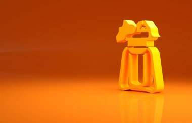 Sarı Saksılı Ev bitkisi, turuncu arka planda izole edilmiş bir simge. Tencerede yetişen bir bitki. Saksı bitkisi işareti. Minimalizm kavramı. 3d illüstrasyon 3B canlandırma .