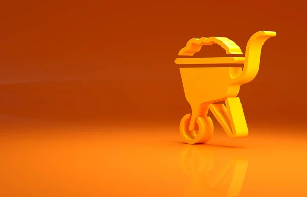 オレンジの背景に汚れのアイコンが隔離された黄色のホイールバロー 道具類 農業用カートホイールファーム 最小限の概念 3Dイラスト3Dレンダリング — ストック写真