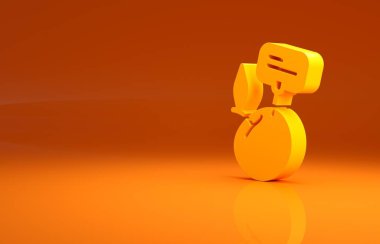 Turuncu zemin üzerinde fiyat etiketi olan sarı süpermarket ürünleri. Minimalizm kavramı. 3d illüstrasyon 3B canlandırma .