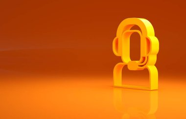 Turuncu arka planda izole edilmiş kulaklık simgesi olan sarı adam. Destek operatörü hatta. Çağrı merkezi konsepti, müşteri destek servisi. Minimalizm kavramı. 3d illüstrasyon 3B canlandırma .