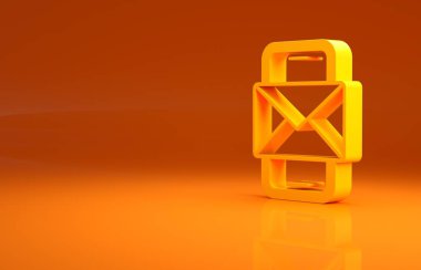 Sarı cep telefonu ve zarf, yeni mesaj, turuncu arka planda izole edilmiş posta simgesi. E-posta bültenleri, başlıklar, blog yazıları için kullanım. Minimalizm kavramı. 3d illüstrasyon 3B canlandırma .