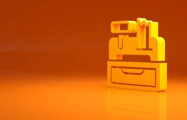 黄色のキャッシュレジスタマシンオレンジの背景に隔離されたチェックアイコンが付いています レジ係のサインだ キャッシュボックスのシンボル 最小限の概念 3Dイラスト3Dレンダリング — ストック写真