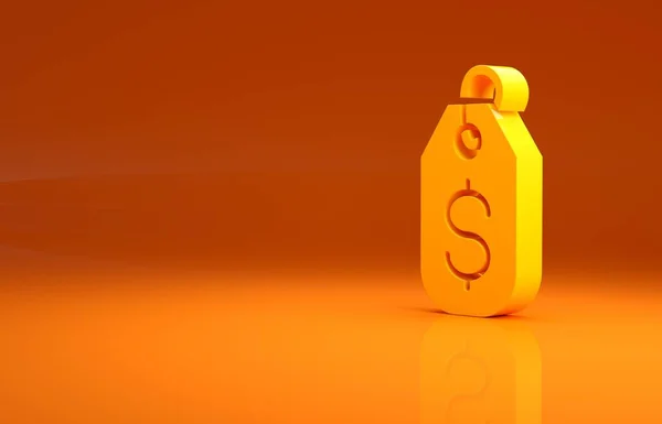 黄色价格标签上的美元图标孤立的橙色背景 价格的徽章 有美元符号的销售 弹药标签折扣 最低纲领的概念 3D渲染3D插图 — 图库照片