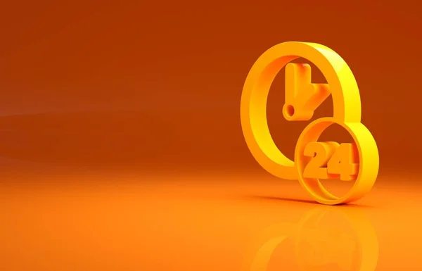 黄色时钟24小时图标孤立在橙色背景 整天循环图标 24小时服务标志 最低纲领的概念 3D渲染3D插图 — 图库照片