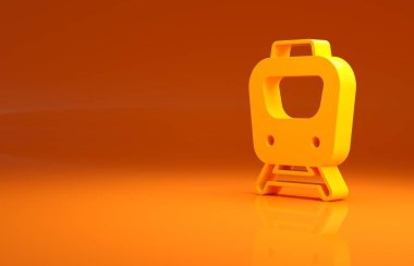 Sarı Tren simgesi turuncu arkaplanda izole edildi. Toplu taşıma sembolü. Metro treni nakliyesi. Metro yeraltı. Minimalizm kavramı. 3d illüstrasyon 3B canlandırma .