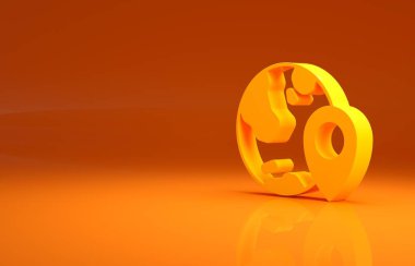 Turuncu arka planda izole edilmiş dünya ikonunun sarı konumu. Dünya ya da Dünya işareti. Minimalizm kavramı. 3d illüstrasyon 3d canlandırma .