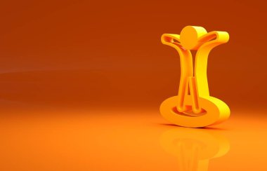 Turuncu arkaplanda izole edilmiş bir insan simgesinin silueti olan sarı harita işareti. GPS konum sembolü. Minimalizm kavramı. 3d illüstrasyon 3B canlandırma .