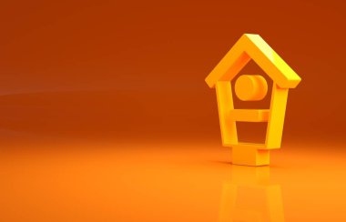 Sarı kuş evi simgesi turuncu arka planda izole edildi. Yuva kutusu kuş evi, kuşlar için ev yapımı bina. Minimalizm kavramı. 3d illüstrasyon 3B canlandırma .