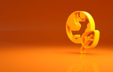 Sarı Dünya küresi ve yaprak ikonu turuncu arka planda izole edilmiş. Dünya ya da Dünya işareti. Geometrik şekiller. Çevresel konsept. Minimalizm kavramı. 3d illüstrasyon 3d canlandırma .
